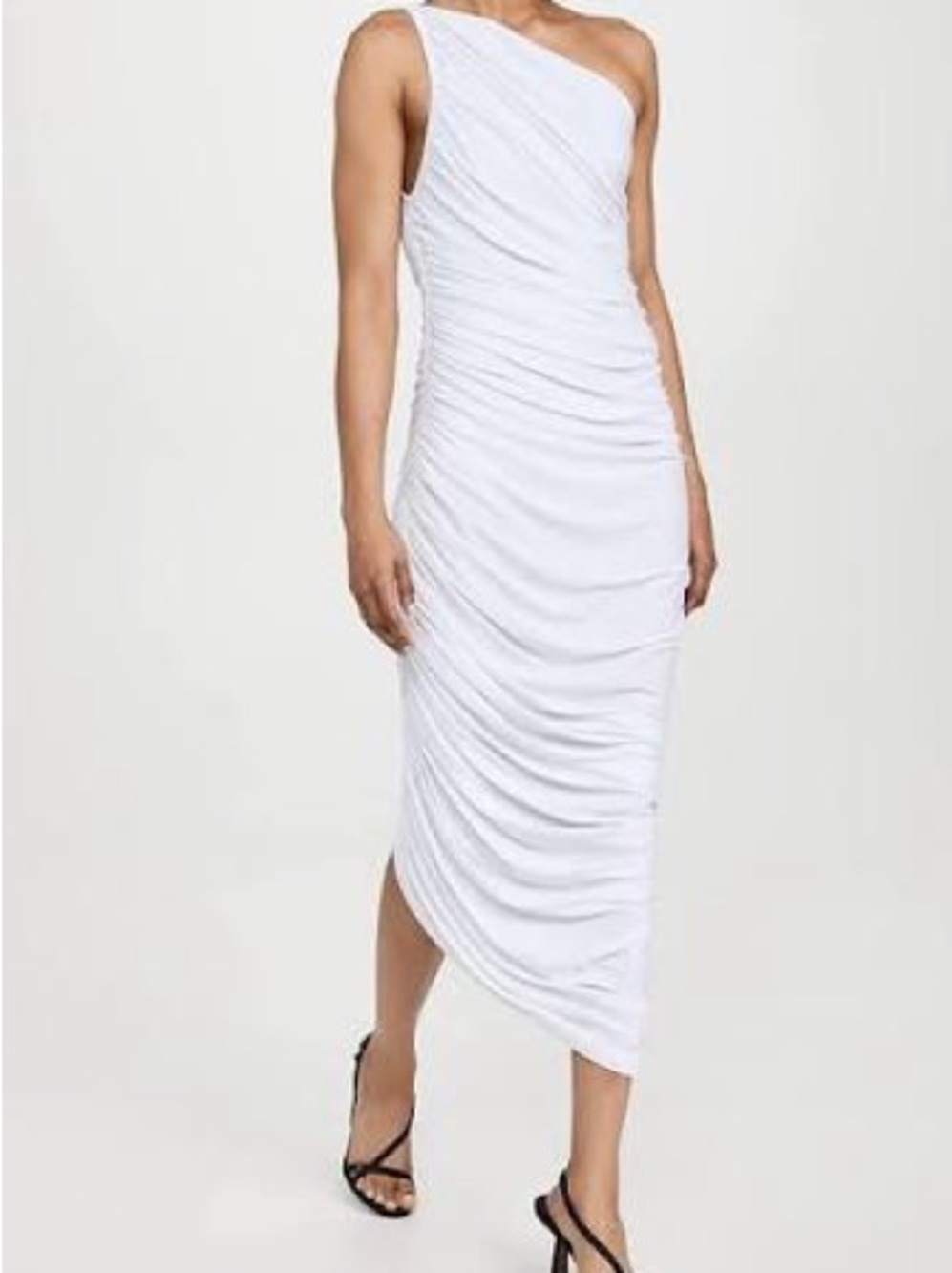 Norma Kamali One-Shoulder White Ruched Asymmetric Diana Midi Dress – NWT